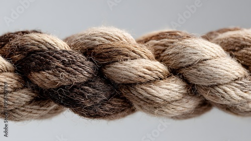 Close-up macro shot of a thick, braided natural fiber rope with varied brown tones