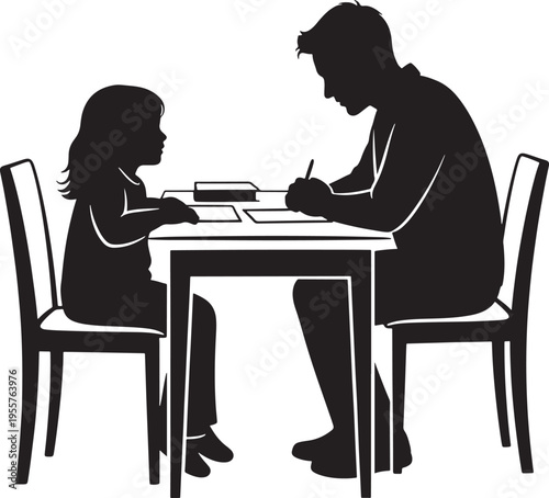 Father and daughter sitting at a table, both focused on writing or drawing. Depicts learning, concentration, and shared quiet time.