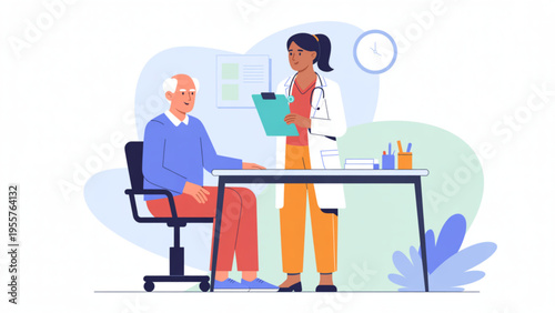Elderly Senior Patient Having Medical Consultation with Female Doctor in Hospital Office for Healthcare Checkup and Geriatric Care Flat Vector Illustration