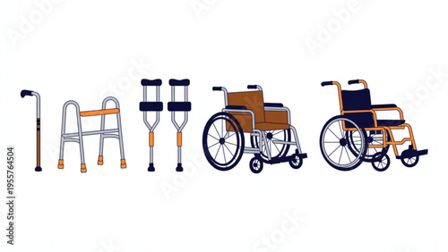 Mobility Aids Set with Wheelchair Electric Scooter Crutches Walker and Walking Cane for Disability Support and Medical Rehabilitation Flat Vector Illustration