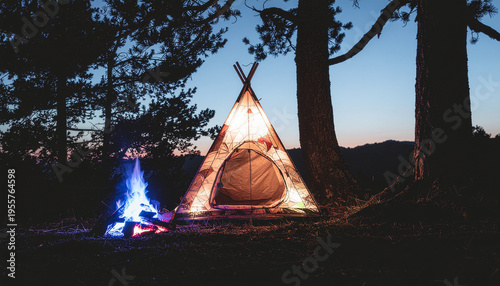 Surreal camping lifestyle tent glowing intricate stained glass campfire