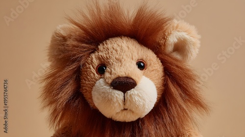 Close-up portrait of a fluffy stuffed lion with a majestic mane and gentle eyes
