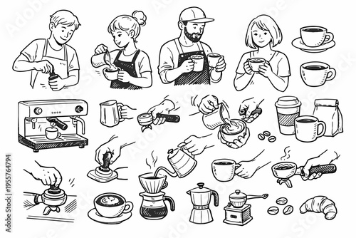 Coffee Preparation and Brewing Process Hand Drawn Sketch Set