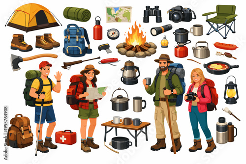 Camping Gear and Hiking Equipment Flat Illustration Set