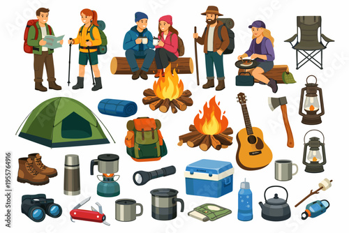 Camping and Outdoor Adventure Equipment Flat Illustration Set
