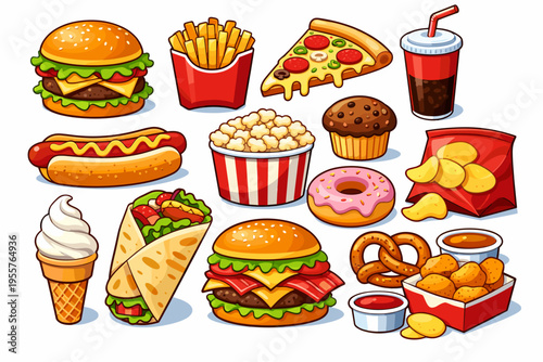 Fast Food Collection Cartoon Style Illustration Set
