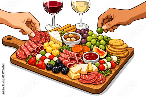 Charcuterie Board with Cheese, Meat and Wine Flat Illustration