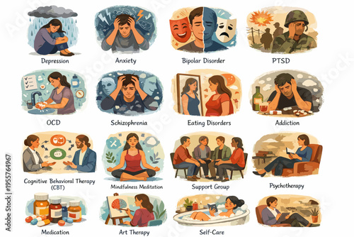 Mental Health Disorders and Therapy Concepts Flat Illustration Set