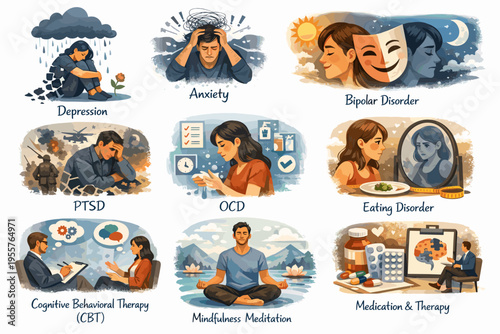 Mental Health Disorders and Therapy Flat Illustration Set