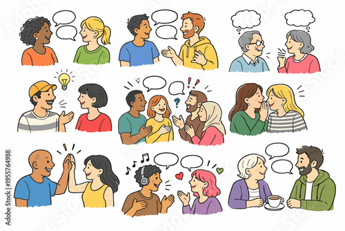 Diverse People Communication and Emotional Interaction Flat Illustration Set