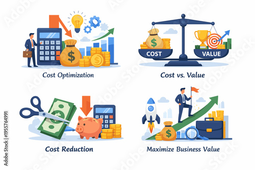 Cost Optimization and Business Growth Flat Illustration Set