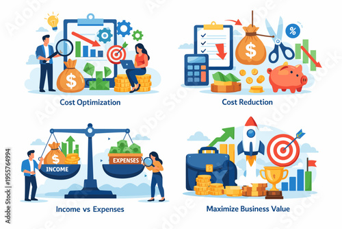 Business Cost Optimization and Financial Growth Flat Illustration Set