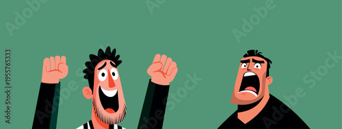 Contrasting Football Fans Emotions, One Happy Celebration and One Angry Reaction Cartoon Illustration