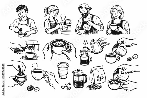 Coffee Making Process Hand Drawn Sketch Set