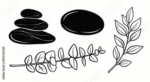 Collection of Spa and Wellness Elements: Stacked Zen Stones, Smooth Basalt Rock, and Botanical Eucalyptus Leaves for Relaxation and Therapy Designs