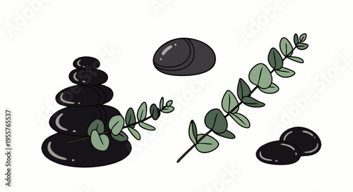 Vector illustration of spa elements: stacked basalt massage stones, smooth individual rocks, and fresh eucalyptus branches, perfect for relaxation and wellness concepts.