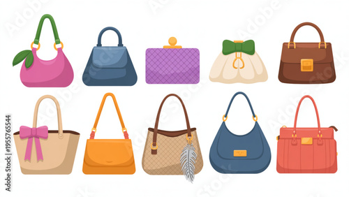 Set of Stylish Women Handbags and Fashion Purses Including Clutches Totes and Shoulder Bags for Accessories Shopping Concept Flat Vector Illustration