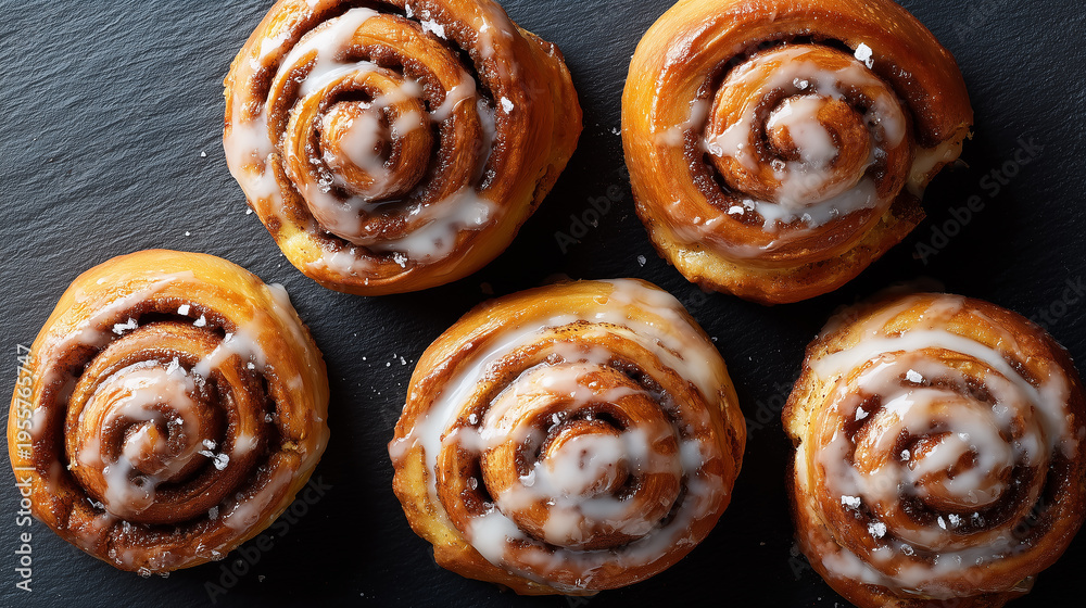 Fototapeta premium Warm cinnamon rolls with sugar drizzle rest on dark stone
