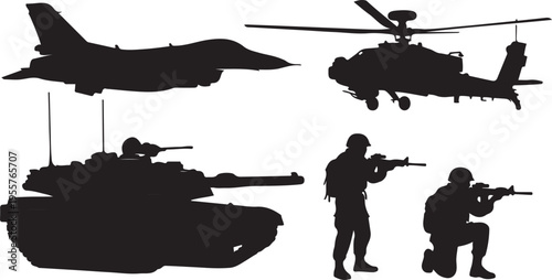Combat Silhouette Bundle Tank Fighter Jet Soldier Shooting Helicopter Vector Set