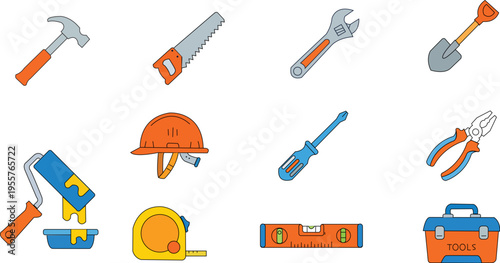 Construction Tools Icon Set Vector Illustration, Flat Line Style Equipment Collection, Hammer Wrench Drill Saw Helmet Toolbox Icons
