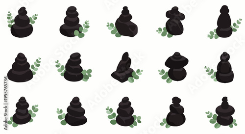 Diverse collection of stacked black zen stones with green leaves, symbolizing balance, meditation, and tranquility. Vector illustration set.