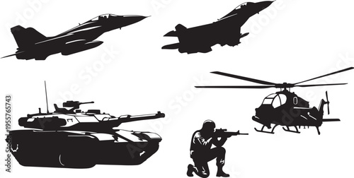 Military Equipment Silhouettes Tank Aircraft Soldier Rifle Helicopter High Detail SVG