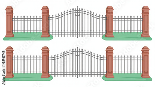 Classic Metal Gate and Fence with Stone Pillars Set for Residential Mansion or Garden Security and Architectural Design Flat Vector Illustration
