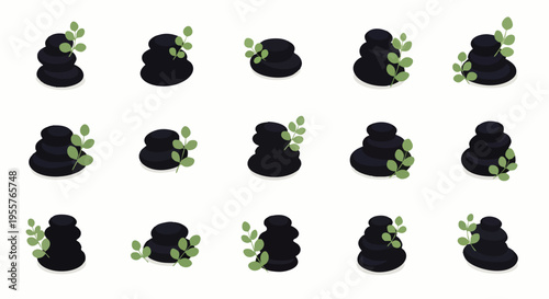 Set of black spa stones with green leaves, stacked for balance and wellness, isolated vector illustration for meditation, relaxation, and natural beauty concepts.