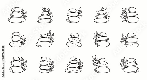 Hand-drawn zen stones outline icon set. Stacked pebble rocks with leaves for spa, meditation, balance, wellness, and nature concepts. Tranquil vector art.