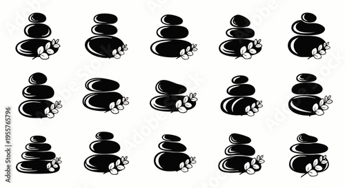 Hand-drawn vector illustrations of stacked zen stones with frangipani flowers. A collection of spa, wellness, and meditation icons representing balance and peace.