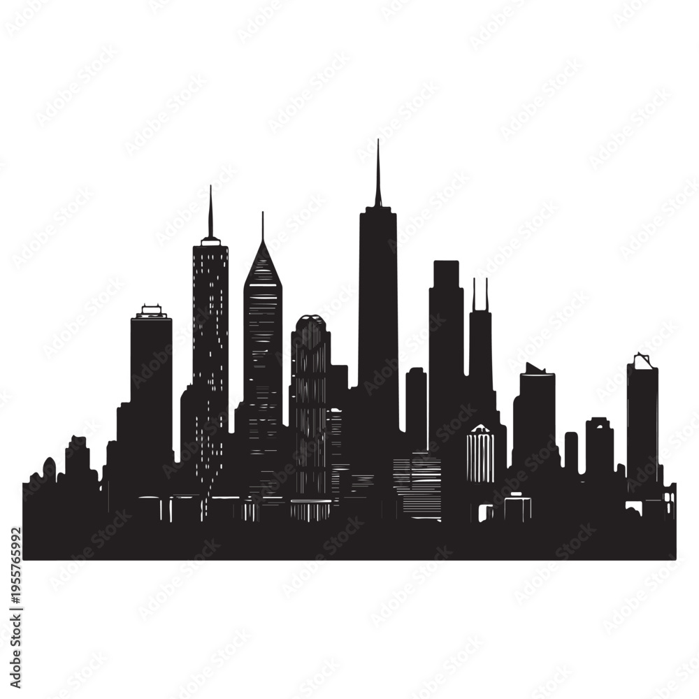 Obraz premium Modern city skyline featuring various high rise buildings silhouette design