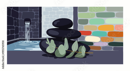 Zen stones stacked with eucalyptus leaves next to a calming water fountain, creating a serene spa and wellness scene illustration.