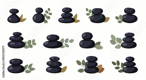 Collection of stacked zen stones with green leaves, symbolizing balance, harmony, and tranquility for spa, wellness, and meditation concepts.
