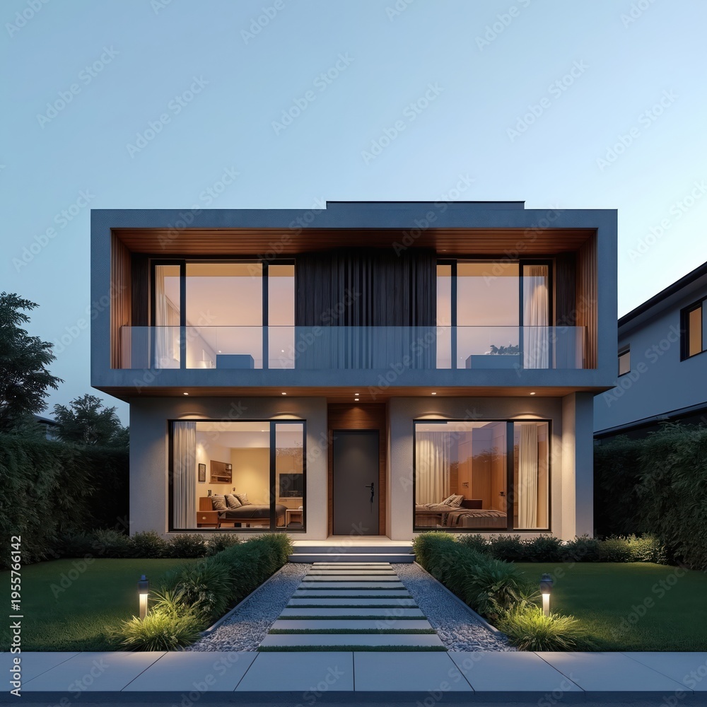 Obraz premium Modern two story house exterior at dusk. Contemporary home features large windows, balcony, clean lines, and minimal landscaping. Perfect for real estate or architectural design concepts.