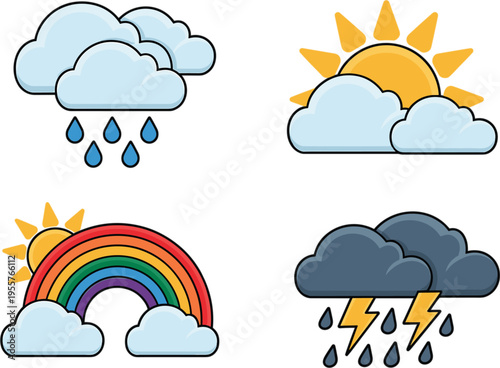 Weather Icon Set with Rain Cloud, Sunny Sky, Rainbow, and Thunderstorm Symbols for Forecast, App, and Seasonal Design