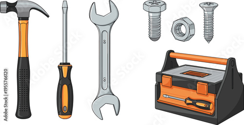 Hand Tool Collection with Hammer, Screwdriver, Wrench, Screws, Nut, and Toolbox for Repair, Construction, and Maintenance Design