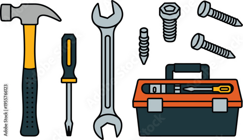 Hand Tool Set with Hammer, Screwdriver, Wrench, Screws, and Toolbox for Repair, Construction, Maintenance, and DIY Projects