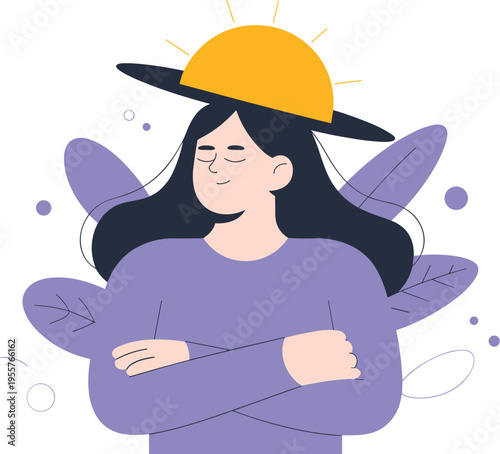 Peaceful Woman Embracing Herself with Sun Hat and Abstract Leaves in Modern Self Love Wellness Illustration Design