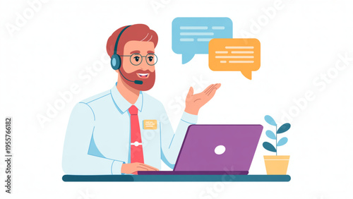 Customer Service Support Representative Wearing Headset Working on Laptop with Speech Bubbles for Online Assistance Concept Flat Vector Illustration