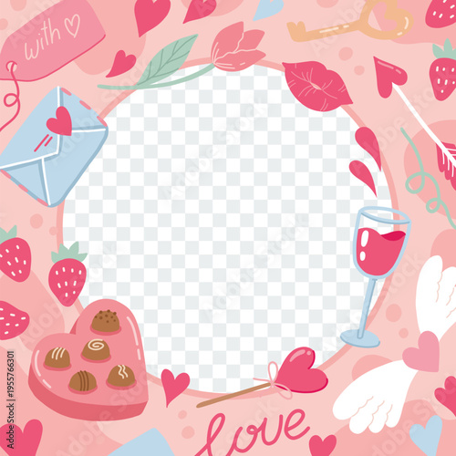 A colorful Valentine's Day themed illustration with hearts, chocolates, and strawberries on a pink background.