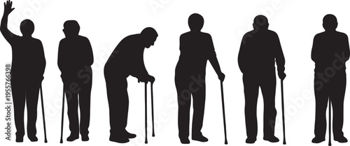 Aging and Senior Care Silhouettes – Older Men and Women Posing and Waving Vector