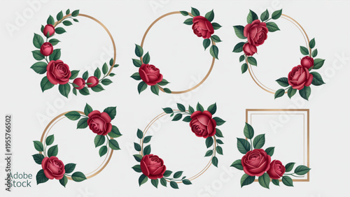 Set of Elegant Floral Frames with Red Roses and Golden Geometric Borders for Wedding Invitation and Greeting Card Design Flat Vector Illustration