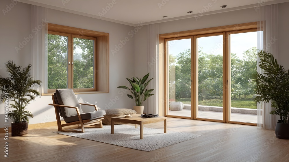 Obraz premium Modern living room with large and abundant natural light providing a view of a lush garden