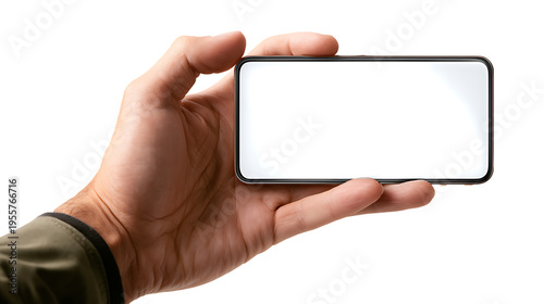 Hand holding a smartphone with a blank white screen isolated on transparent background