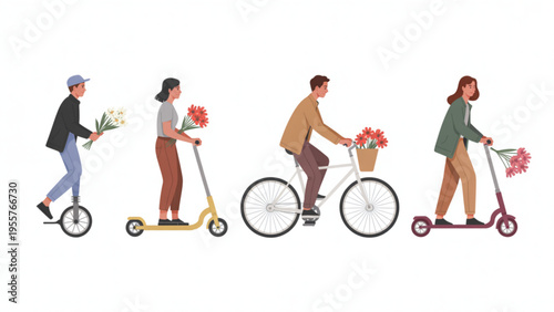 Set of People Using Eco-Friendly Urban Transportation Including Electric Scooters Bicycle and Unicycle for Green City Commuting Concept Flat Vector Illustration