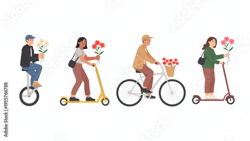 Set of People Using Eco-Friendly Urban Transportation Including Electric Scooters Bicycle and Unicycle for Green City Commuting Concept Flat Vector Illustration