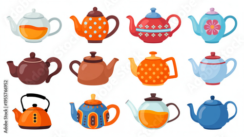 Set of Colorful Ceramic and Glass Teapots with Various Patterns for Tea Party Kitchenware and Breakfast Service Concept Flat Vector Illustration