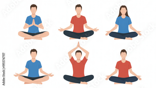 Set of Men and Women Practicing Meditation and Yoga Poses for Mental Health Wellness and Mindfulness Relaxation Concept Flat Vector Illustration