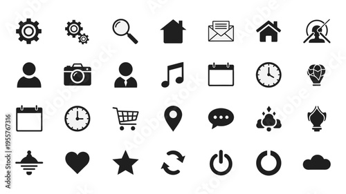 A comprehensive collection of monochrome vector icons representing a wide array of common objects, symbols, and activities for digital interfaces and design projects