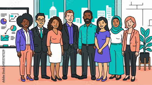 Diverse Group of Professional Colleagues Standing Together in Modern Inclusive Corporate Workspace